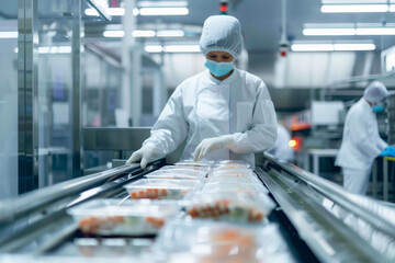 Obraz premium food safety officer monitoring production line in a modern factory