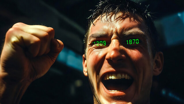 A man shouts, fist raised, displaying a glowing digital counter: 1870. Intense emotion dominates his face.