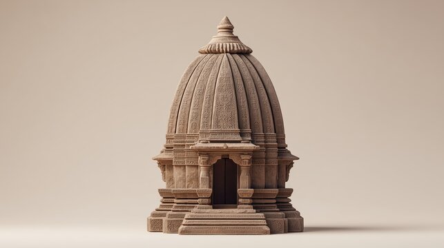 North Indian Hindu Temple (Nagar style. A Nagar-style Hindu temple with a shikhara (tower), a portico with columns, steps and an arched entrance on a neutral background.