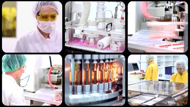 Pharmaceutical Manufacturing Process of Pills and Ampoules Production Multi Screen Video. For matching clips and visual consistency, search for the unique series code: PHARMA-PROD-2026.
