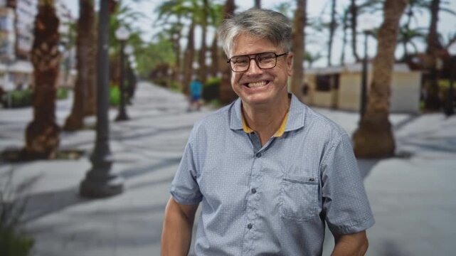 Man with grey hair smiling broadly, thumb raised in thumbs up gesture while standing on a palm lined street beside lamp posts; optimism friendly greeting.