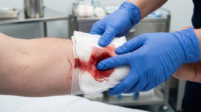 Clinical first aid response controlling severe wrist bleeding using sterile gauze compression and gloved hands in hospital treatment setting