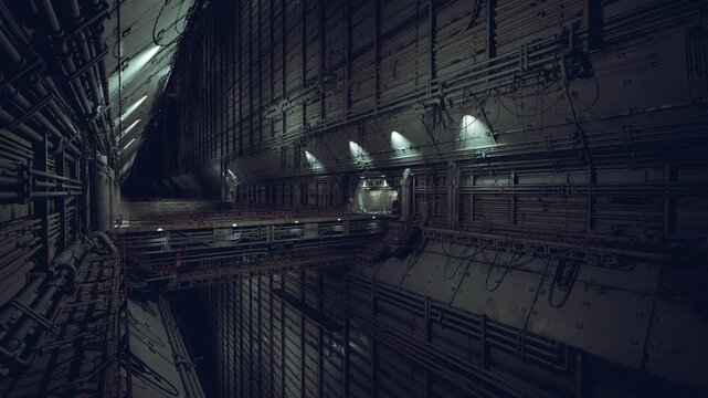 Cavernous gantry interior with service catwalks and trusswork, high angled lights casting stark geometry, heavy steel beams, maintenance platforms and utility