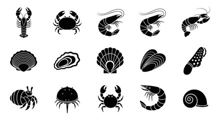 Collection of Black Seafood Icons on White Background. © Julian Vance