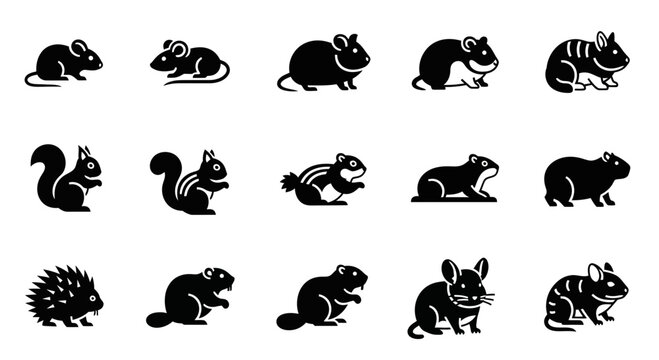 Collection of Black Silhouette Icons of Small Rodents and Mammals.