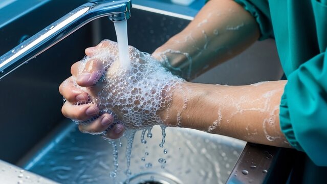 Close-up of a healthcare professional meticulously washing their hands under running water in a sterile environment, emphasizing hygiene and infection control.