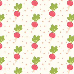 Cute Radish Seamless Pattern, Minimalist Vegetable Background with Leaves and Dots, Flat Hand Drawn Garden Food Illustration for Fabric, Textile, Wrapping Paper