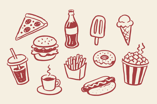 Fast food set naive outline sketch vector illustration