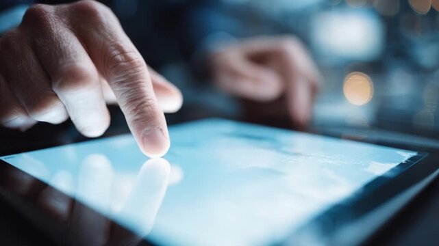 Digital Touch: A close-up shot of a finger gracefully interacts with a tablet's screen, highlighting the user's engagement with technology. Capturing the seamless connection between person and device.