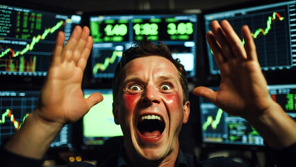 A man yells, gesturing wildly at multiple stock market monitors. He appears frantic and excited.