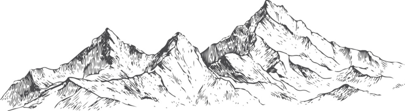 Hand drawn mountain range black and white mountains
