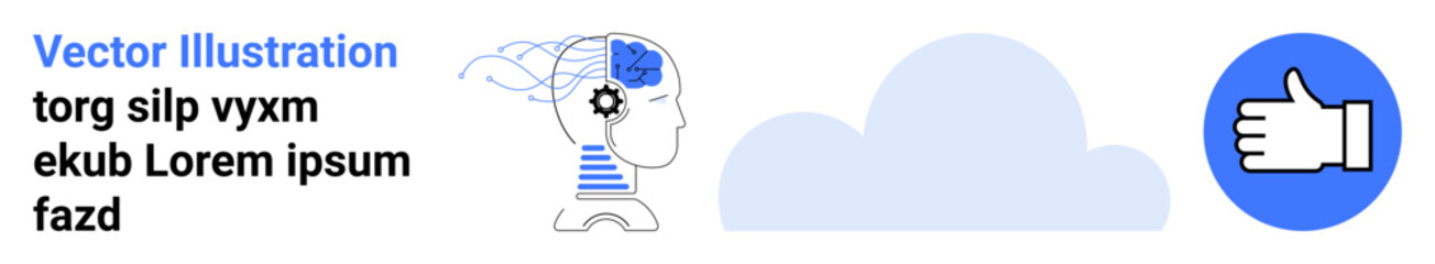 Obraz premium Artificial intelligence, machine learning, cloud computing, data integration, innovation, technology trends. Brain with gear, cloud and thumbs-up icon. Artificial intelligence and cloud computing