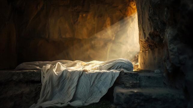 Divine Light Focused on Empty Shroud Inside Dark Stone Tomb Representing Resurrection of Christ for Religious Presentation Backdrop and Easter Banner