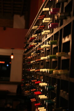 Estante de madera con botellas de vino tinto en bodega o vinoteca