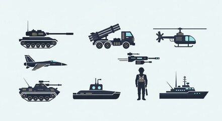 Collection of military vehicles and aircraft icons. © Ceng