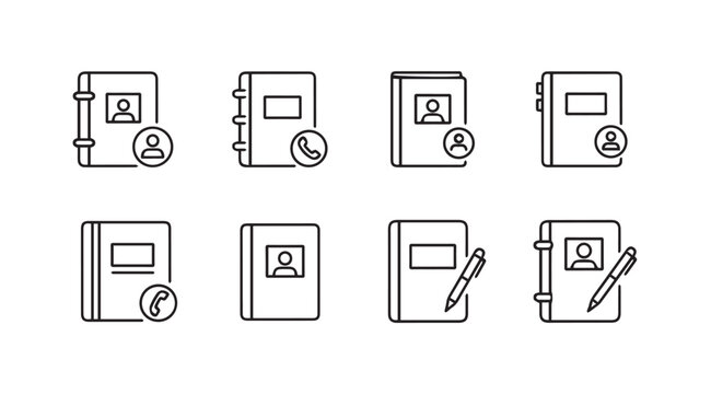 Address Book Icons with Person and Phone Symbols Notebooks and Pens