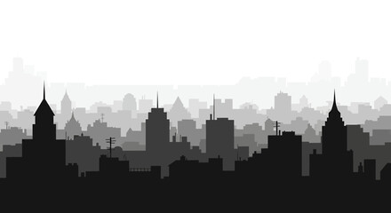 Fototapeta premium City skyline with tall buildings and spires in black and gray silhouette against a white background