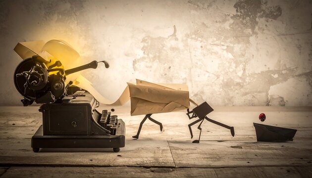 Stop motion animation Tiny figures steal paper from an old typewriter under a bright light, against a textured backdrop