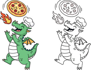 Naklejka premium Playful Dragon Chef Juggling Pizza Fun Coloring Page for Kids and Food Themes