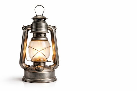 Studio photo of a vintage kerosene lantern lit with a gentle visible flame on white background