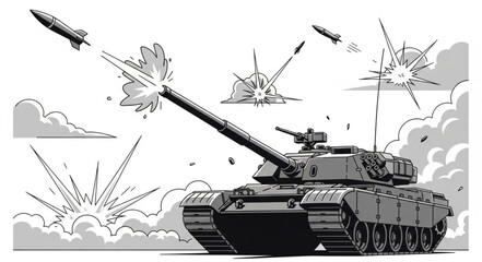 Military Tank Firing Artillery Shells. © Rio