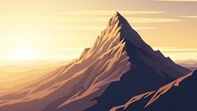 Stylized mountain landscape at sunrise featuring strong geometric lines and gradient colors