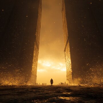 Epic cinematic shot, the massive gates of Valhalla swinging open, a silhouette of a fallen warrior entering into a world of golden light and cheering heroes
