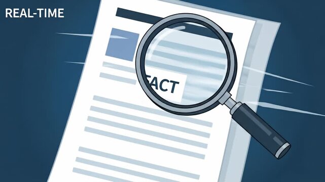 Magnifying glass highlighting "FACT" on document against a dark blue background