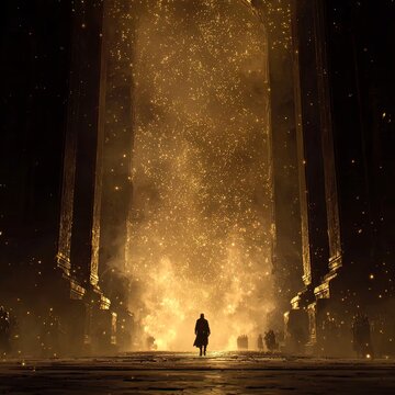Epic cinematic shot, the massive gates of Valhalla swinging open, a silhouette of a fallen warrior entering into a world of golden light and cheering heroes