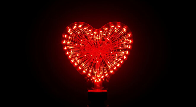 Vibrant red heart shaped lamp with glowing filaments
