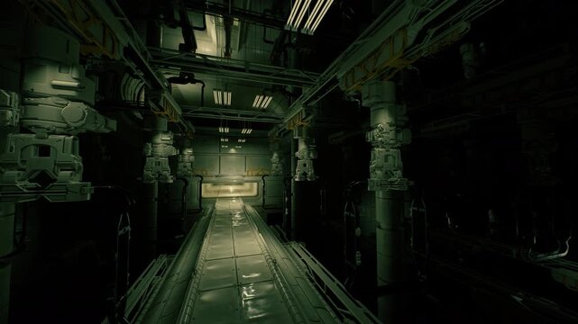long industrial corridor leading to glowing exit, idle automated systems and overhead rigs, polished walkway with reflective puddles, cinematic anticipation