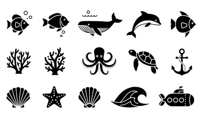Marine life black vector icon set – minimalist sea animals nautical glyph icons © Boloram
