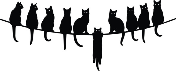 Cats sitting on wire silhouettes collection, cute kitten pets perched on line, playful domestic animal vector illustration set © MST. HOSNE