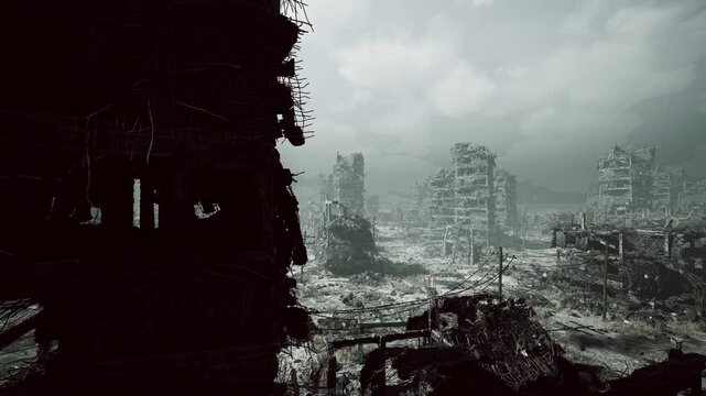bleak ruined city skyline overcast sky, collapsed skyscrapers and endless rubble fill horizon, drifting smoke and low clouds create mournful atmosphere, silence