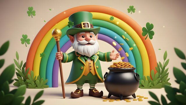 Cheerful leprechaun with pot of gold