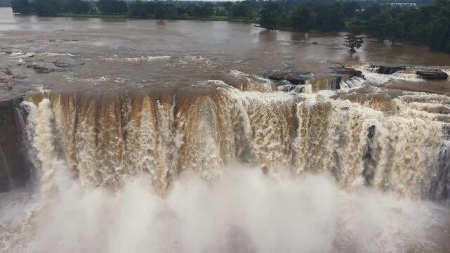 Aerial Slow Motion View of Chitrakote Waterfalls Chhattisgarh India