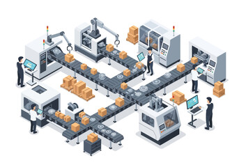 Obraz premium An isometric view depicts a factory with automated assembly lines machines robots conveyors boxes and workers