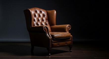 Fototapeta premium Elegant Leather Armchair in Dark Room with Dramatic Lighting.