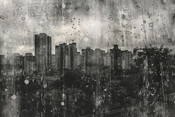 Fototapeta premium Raining at city of etching art architecture metropolis.