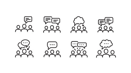 Group Discussion Icons Set: Communication Dialogue and Ideas Exchange