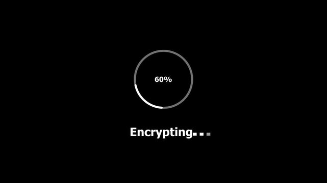 Animated abstract circle loading bar encrypting from 0 to 100%, designed for progress and transfer concepts. High quality4K animation on black background.