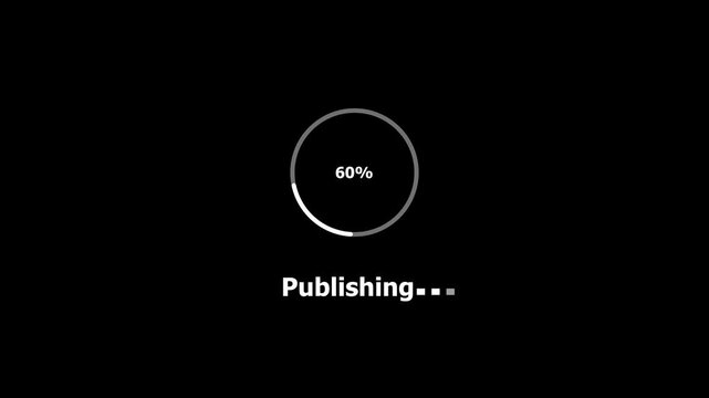 Animated abstract circle loading bar publishing from 0 to 100%, designed for progress and transfer concepts. High quality 4K animation on black background.