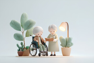 車椅子の高齢者が本を読むそばで介護士が寄り添う穏やかな時間
