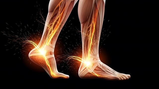Nerve pain and peripheral neuropathy in feet. Achilles tendon inflammation and anatomy. Human legs showing glowing orange nerve pathways and fire sparks on a black background