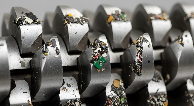 Industrial shredder destroying electronic waste, recycling and technology , modern corporate concept, texture background, copy space