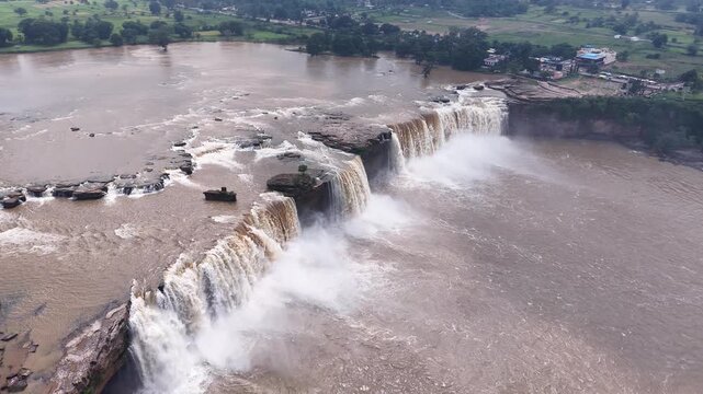 Aerial Slow Motion View of Chitrakote Waterfalls Chhattisgarh India