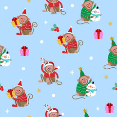 Fototapeta premium Merry Christmas and happy new year seamless pattern and background with cute monkey wear winter costume. Wallpaper of animal holidays cartoon character. -vector