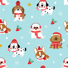 Merry Christmas and happy new year with cute puppy and dog in winter costumes seamless pattern and background. Animal holidays cartoon characters wallpaper. -Vector