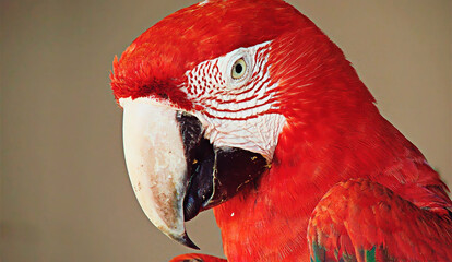 Primer plano de cabeza de guacamayo rojo con plumaje vibrante y detalles del pico