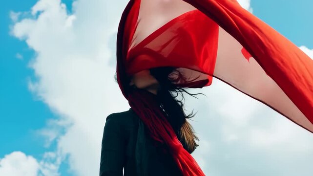 Red scarf, A vibrant red scarf draped elegantly